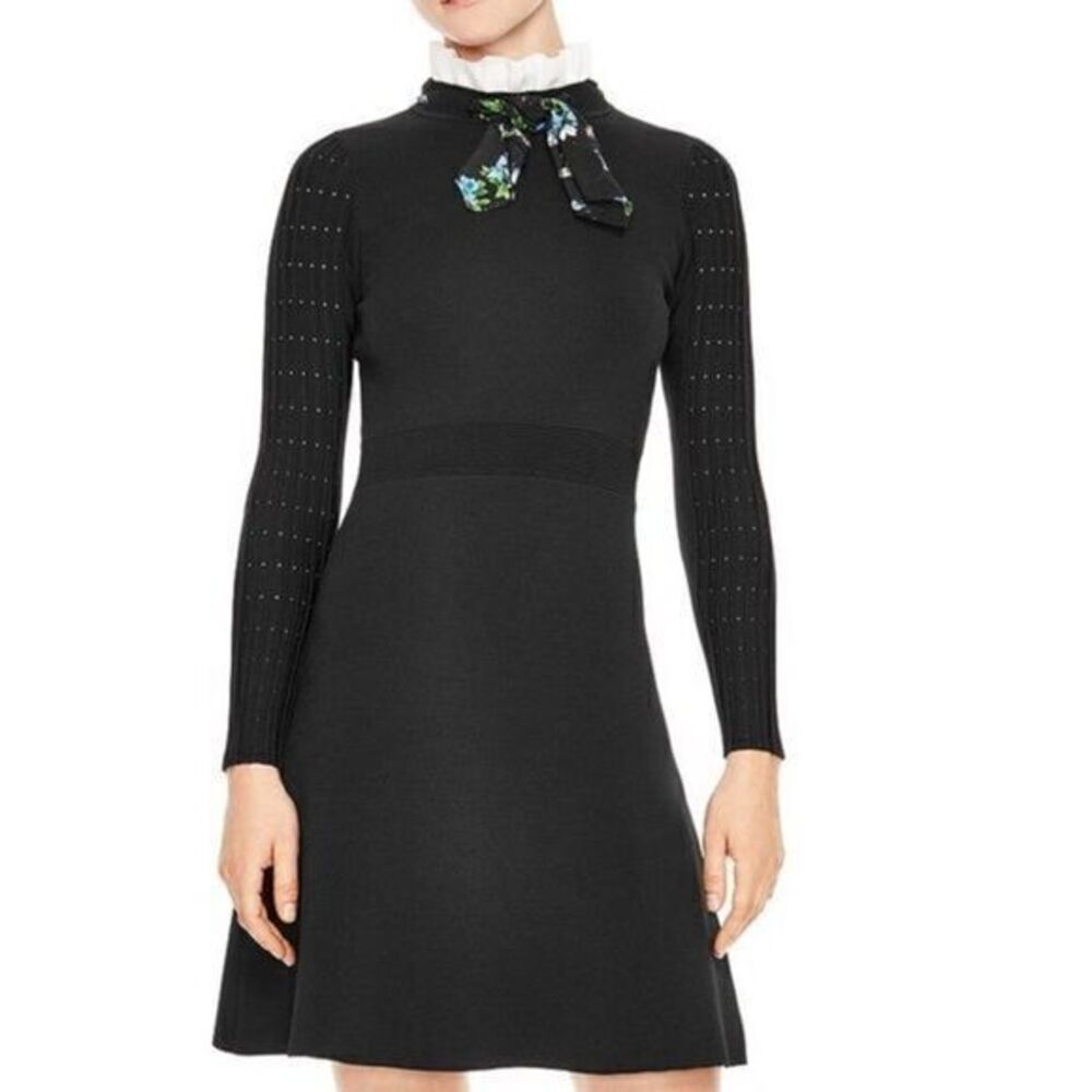 SANDRO ruffle clemence Tie Neck Fit & Flare Dress